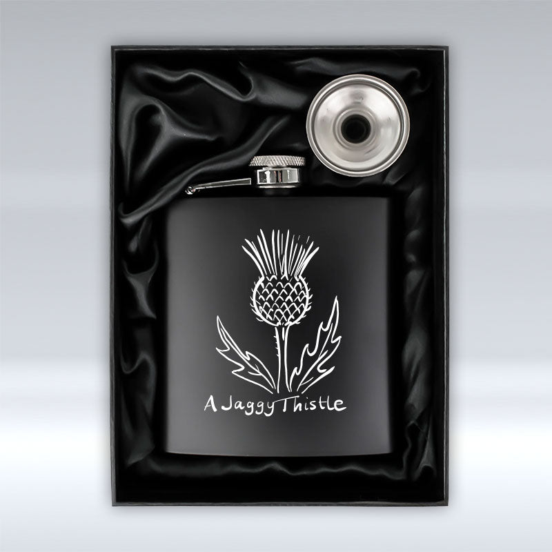 A Jaggy Thistle - Outline - Black Hip Flask pureminted